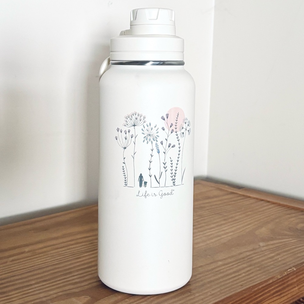 Life is Good White Floral Dog Water Bottle